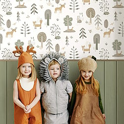 Galerie Wallcoverings Product Code 14802 - Little Explorers 2 Wallpaper Collection - Green Colours - Bring your walls to life with this friendly wallpaper design. Featuring cute, shy country animals such as foxes, deer and hedgehogs, this unique wallpaper is ideal for sparking their imagination, whether they are babies or older. Suitable for using as a sweet nursery wallpaper, this animal inspired design is available in a three muted colourways, and is ideal for creating a modern and warm feel in your child’s bedroom or playroom.  Design