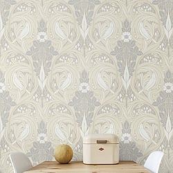 Galerie Wallcoverings Product Code ET12205 - Arts And Crafts Wallpaper Collection - Beige Cream Grey Colours - Bird Scroll Design