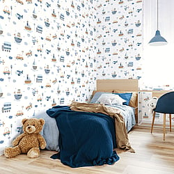 Galerie Wallcoverings Product Code G78416 - Tiny Tots 2 Wallpaper Collection - Brown Sky Blue Navy Colours - Transportation Design