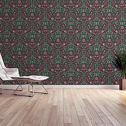 Galerie Wallcoverings Product Code MC61004 - Maison Charme Wallpaper Collection - Green, Pink, Black Colours - Step into a world of quintessential French chicness with this mesmerizing print. Immerse yourself in its exquisite details, where blossoms, wispy leaves and graceful birds intertwine, evoking the essence of spring. This elegant print breathes life into every room it graces, infusing your space with warmth, charm, and a touch of timeless beauty. Let this gorgeous floral and bird motif transport you to a realm of captivating allure and enchantment. Design