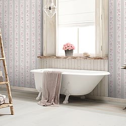 Galerie Wallcoverings Product Code MC61049 - Maison Charme Wallpaper Collection - Grey, Pink, White Colours - If you're after a romantic vintage floral design - look no further. Not only does this beautiful design feature endless upward bouquets of country roses; in a wide stripe motif the design also combines a cute polka dot with an intricate lace overlay for a true trip down memory lane - in rose tinted glasses! Design