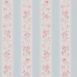 Galerie Wallcoverings Product Code MC61051 - Maison Charme Wallpaper Collection - Blue, Pink, White Colours - If you're after a romantic vintage floral design - look no further. Not only does this beautiful design feature endless upward bouquets of country roses; in a wide stripe motif the design also combines a cute polka dot with an intricate lace overlay for a true trip down memory lane - in rose tinted glasses! Design