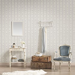 Galerie Wallcoverings Product Code MC61055 - Maison Charme Wallpaper Collection - Blue, Grey, White Colours - If you're after a romantic vintage floral design - look no further. Not only does this beautiful design feature endless upward bouquets of country roses; in a wide stripe motif the design also combines a cute polka dot with an intricate lace overlay for a true trip down memory lane - in rose tinted glasses! Design