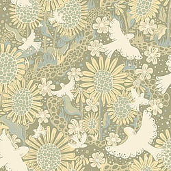 Galerie Wallcoverings Product Code S63009 - Sommarang 2 Wallpaper Collection - Green Colours - Songbirds flying over fields of sunflowers Design